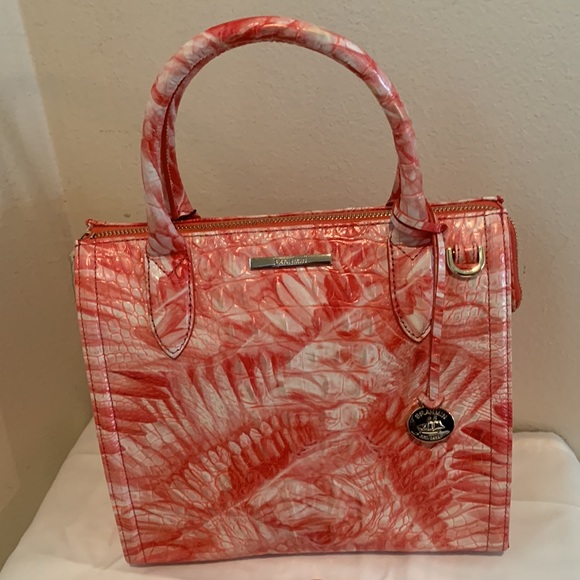 Brahmin Melbourne Small Pink Flamingo Caroline Crocodile-Embossed Satchel Bag - Picture 1 of 15